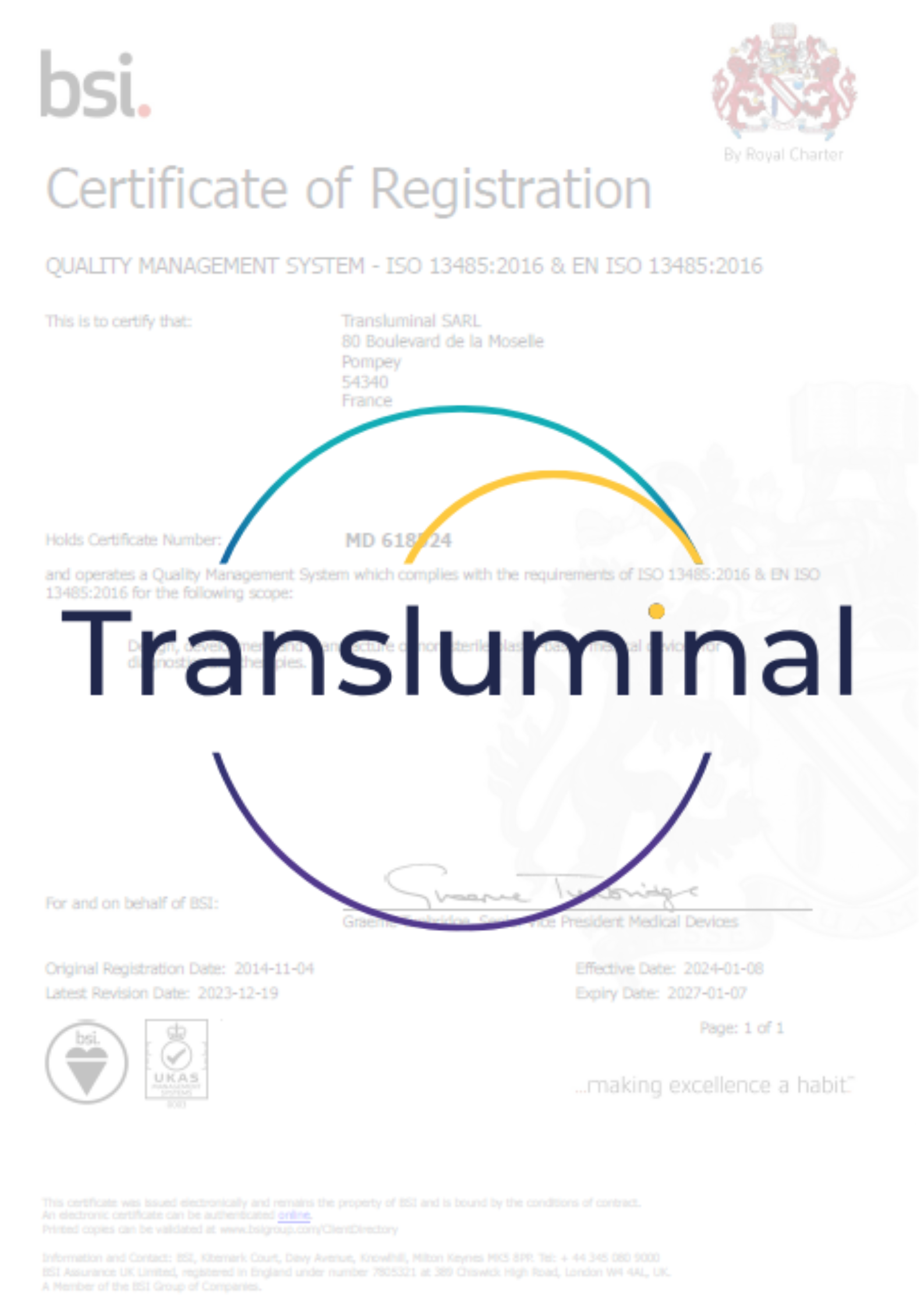 Transluminal ISO 13485 certification for medical device quality management.